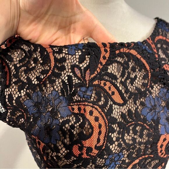 Mystic Black and Orange lace Sheath Midi Dress with Cap Sleeves size extra small - Picture 4 of 13